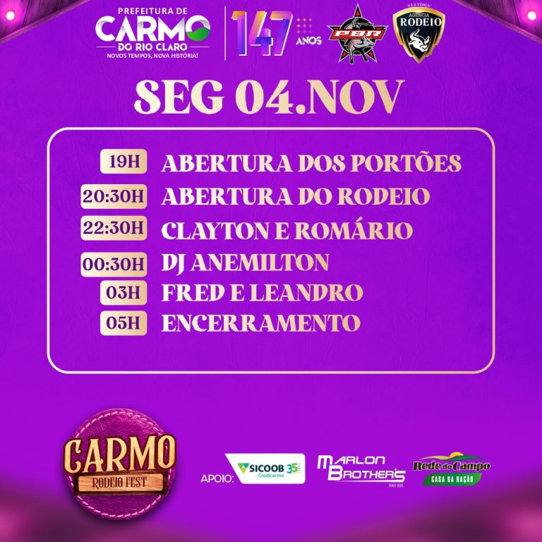 VEJA OS HORÁRIOS DE HOJE NO CARMO RODEIO FEST